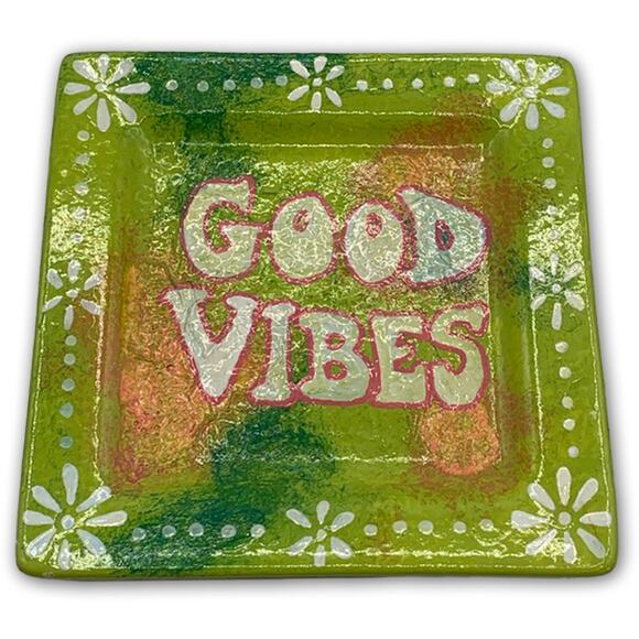 Unique Hand Painted Ceramic "Good Vibes" Trinket Dish 4" Square Green/Orange - Picture 6 of 7